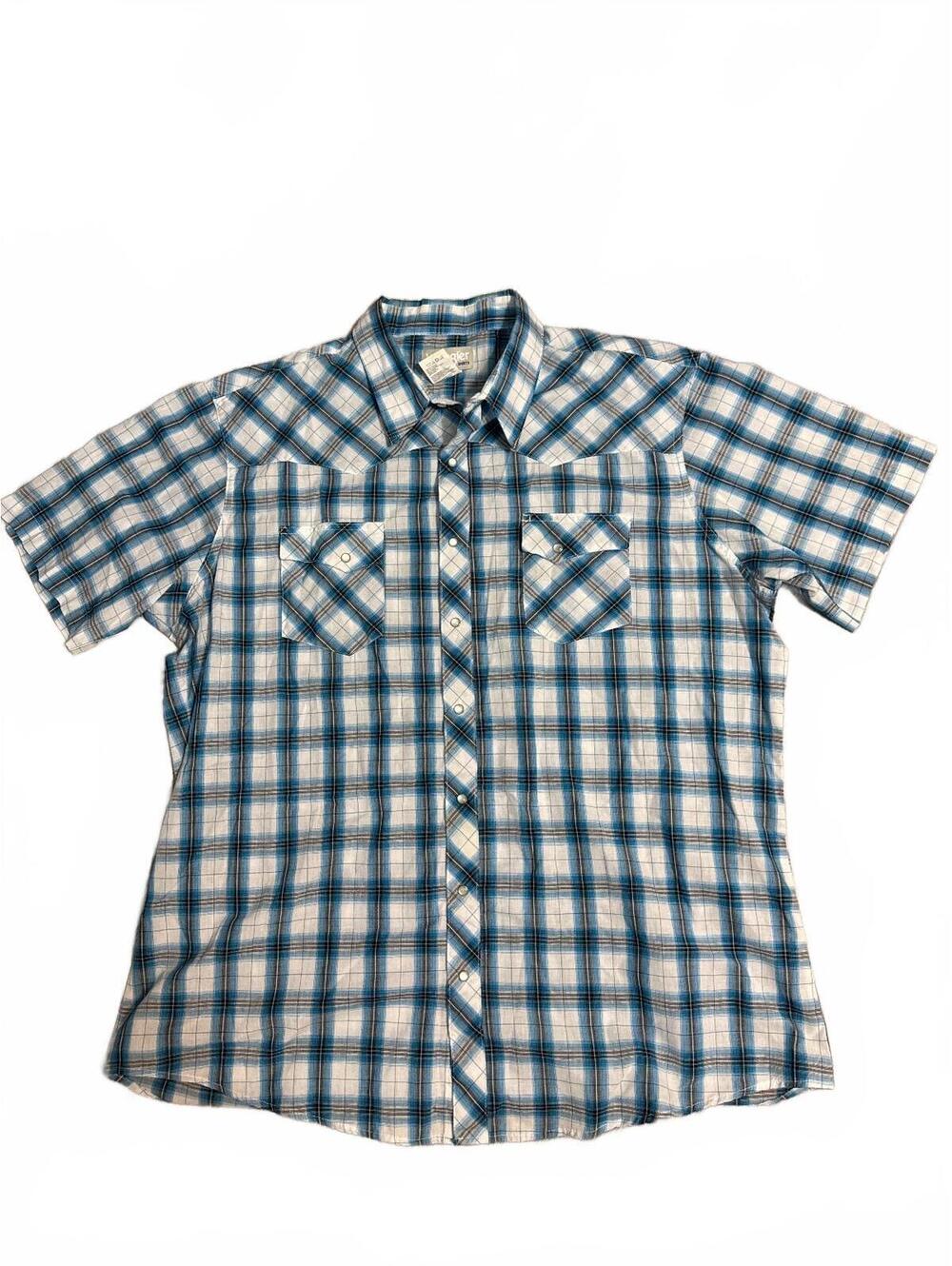 Wrangler Wrancher Mens 2XT Pearl Snap Short Sleeve Western Shirt Blue Plaid B-T